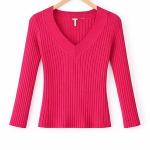 Perfect Pink Ribbed Knit Sweater Dress | Vintage Y2K V-Neck | Small